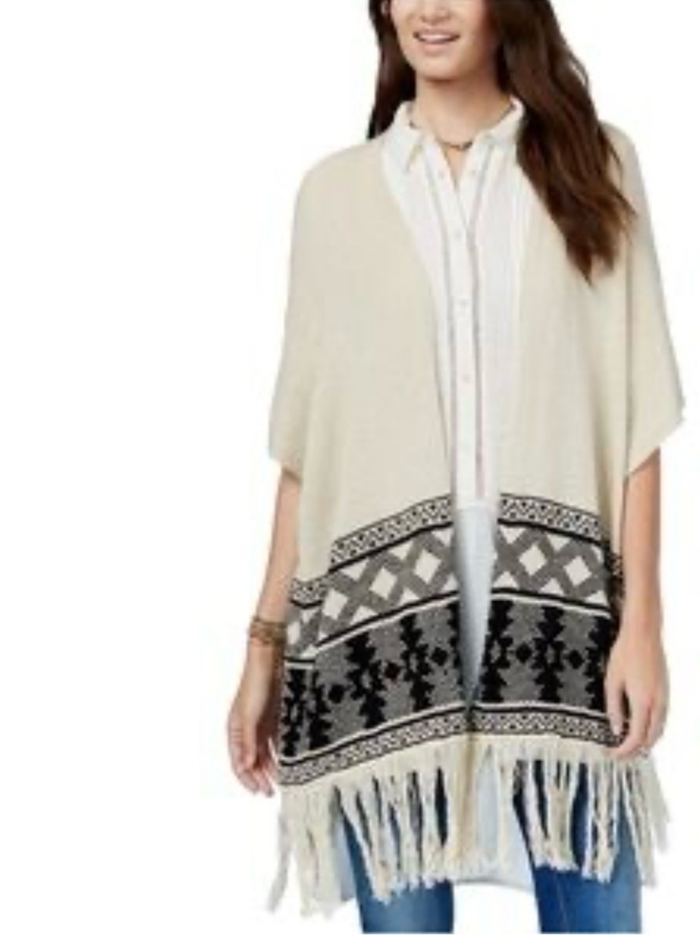 American Rag Cream and Black Fringed Knit Wrap